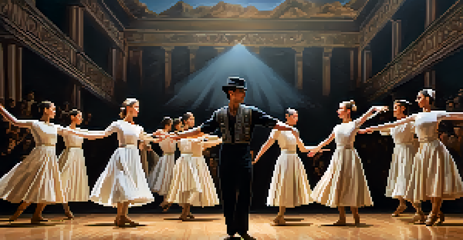 Dancers in contemporary clothing performing on stage with a digital backdrop of historical images, illuminated by dramatic lighting.