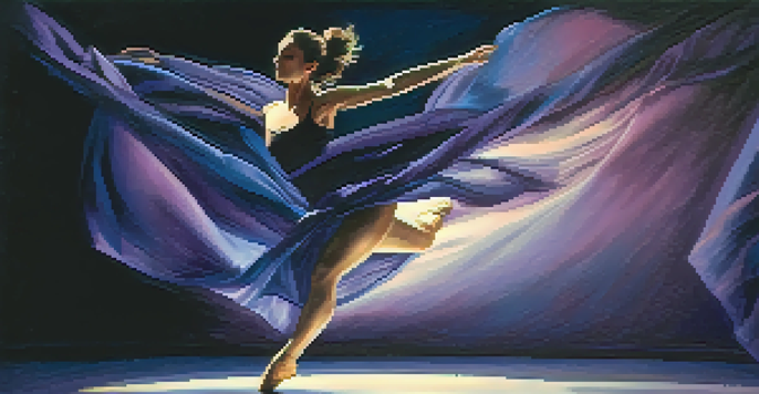 A dancer leaping in a dimly lit theater, illuminated by a spotlight, with flowing fabric and a joyful expression.