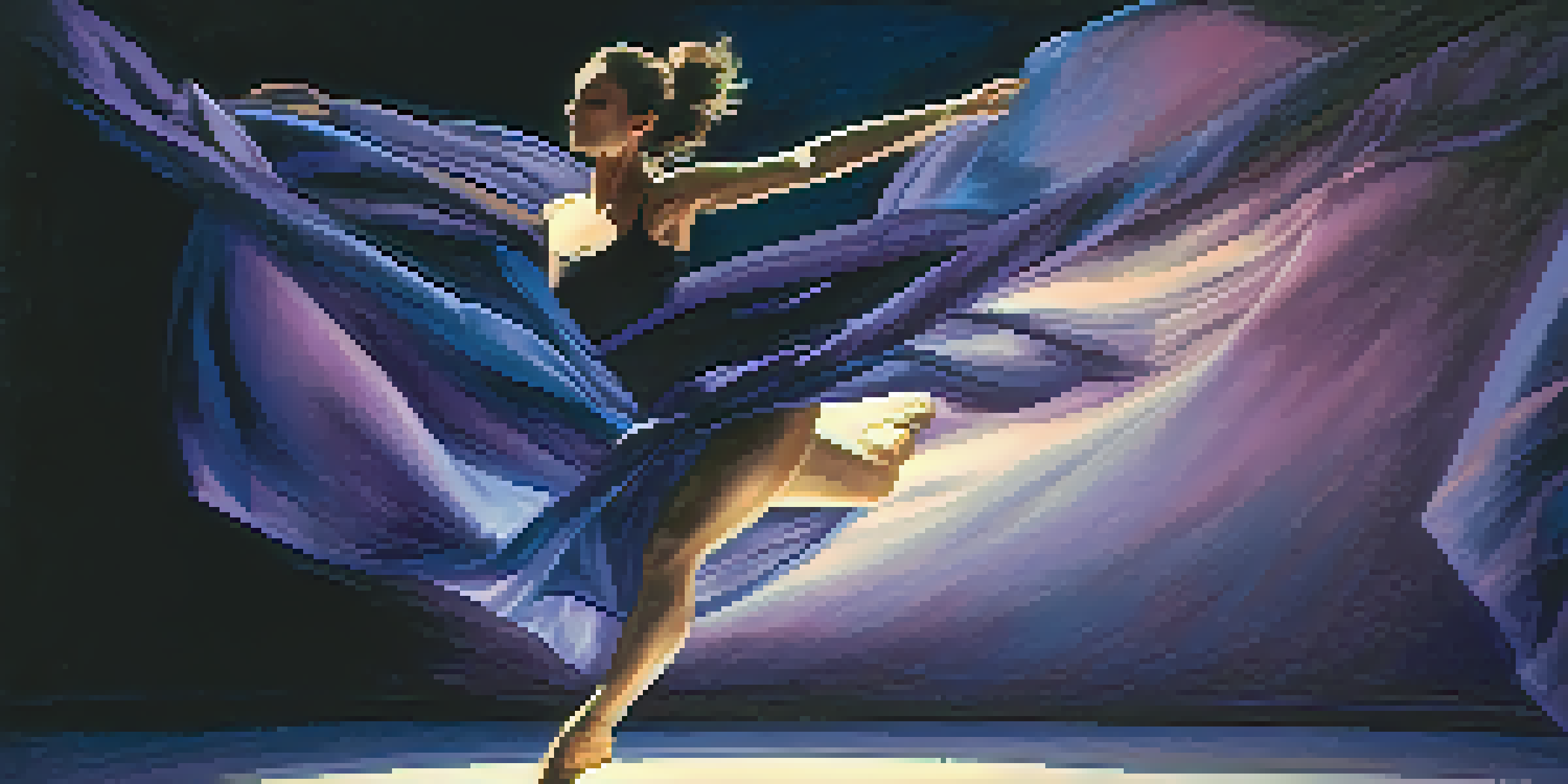 A dancer leaping in a dimly lit theater, illuminated by a spotlight, with flowing fabric and a joyful expression.