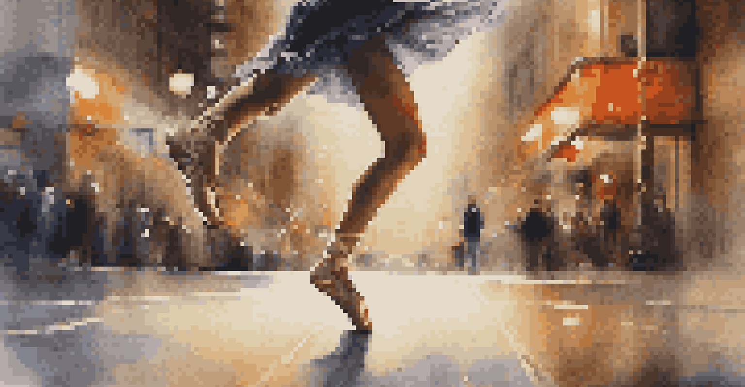 A close-up of a dancer's feet mid-leap in an urban setting, highlighting the ballet shoes against a textured pavement.