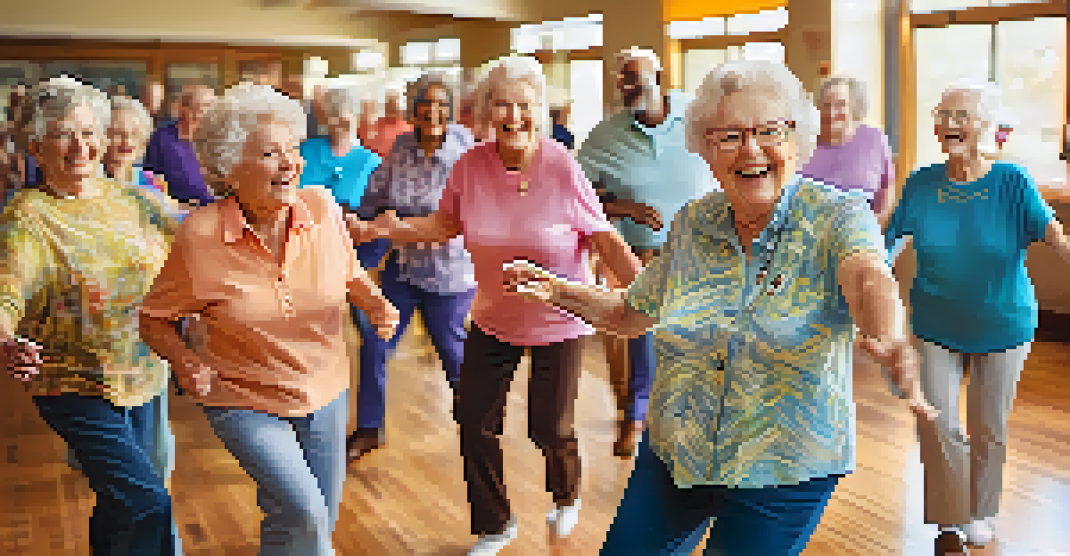 Seniors enjoying a fun line dancing class in a community center filled with sunlight and colorful decorations.