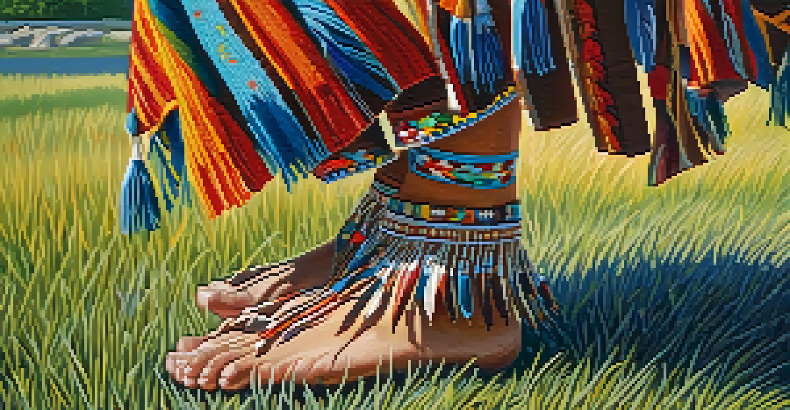 Close-up of a Native American dancer's feet in traditional attire, showing detailed beadwork and fabric while dancing on grass.
