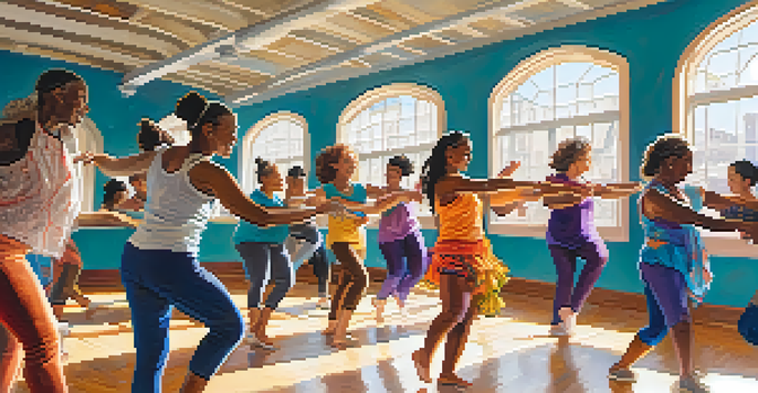 A diverse group of people dancing joyfully in a sunlit studio with mirrors and colorful decorations.