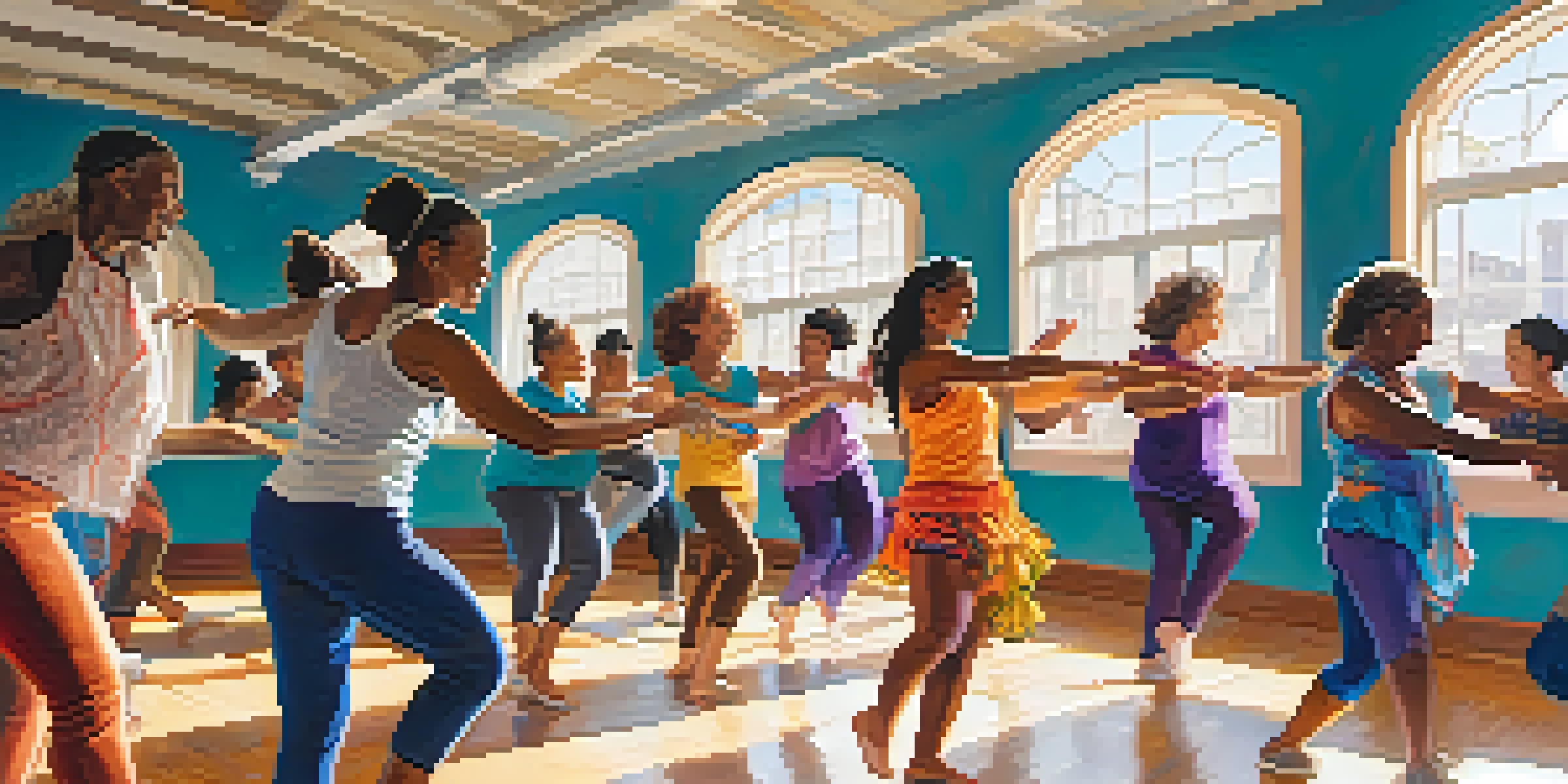 A diverse group of people dancing joyfully in a sunlit studio with mirrors and colorful decorations.