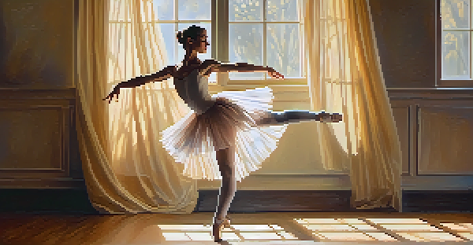 A ballet dancer in an arabesque pose on stage, illuminated by soft sunlight with flowing curtains in the background.