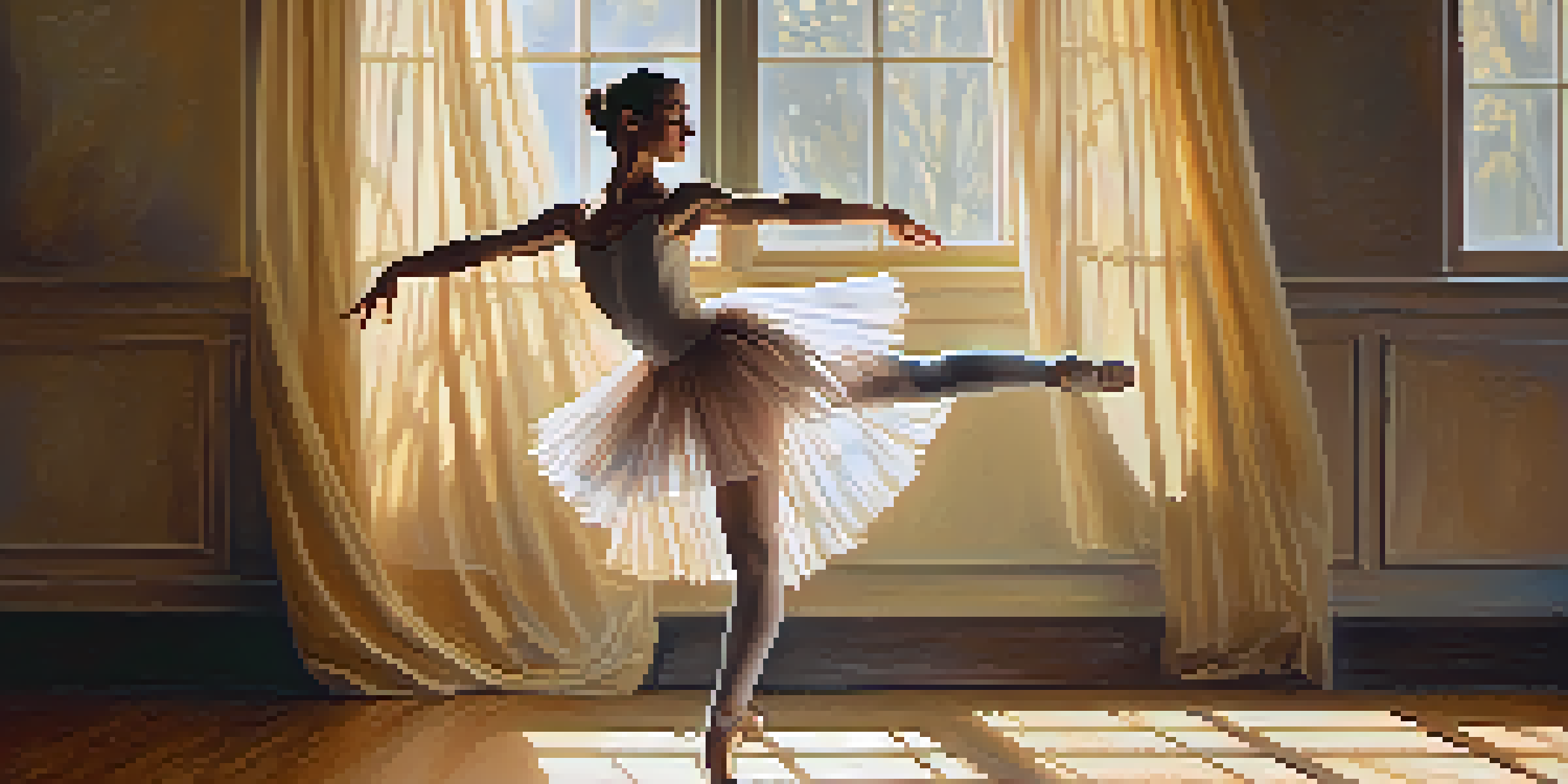 A ballet dancer in an arabesque pose on stage, illuminated by soft sunlight with flowing curtains in the background.