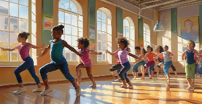 A lively dance class with diverse participants enjoying movement in a bright studio with wooden floors and large windows.