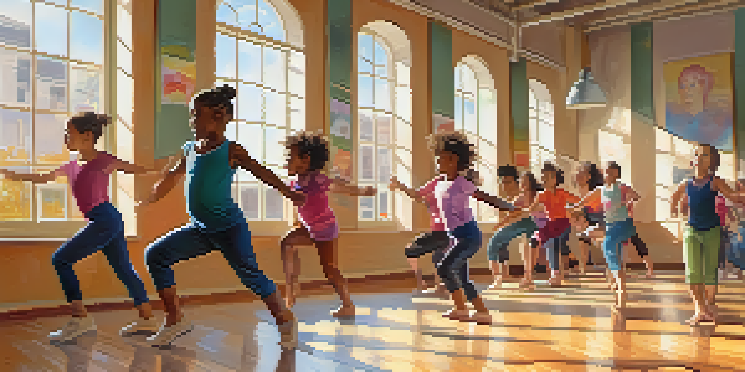 A lively dance class with diverse participants enjoying movement in a bright studio with wooden floors and large windows.