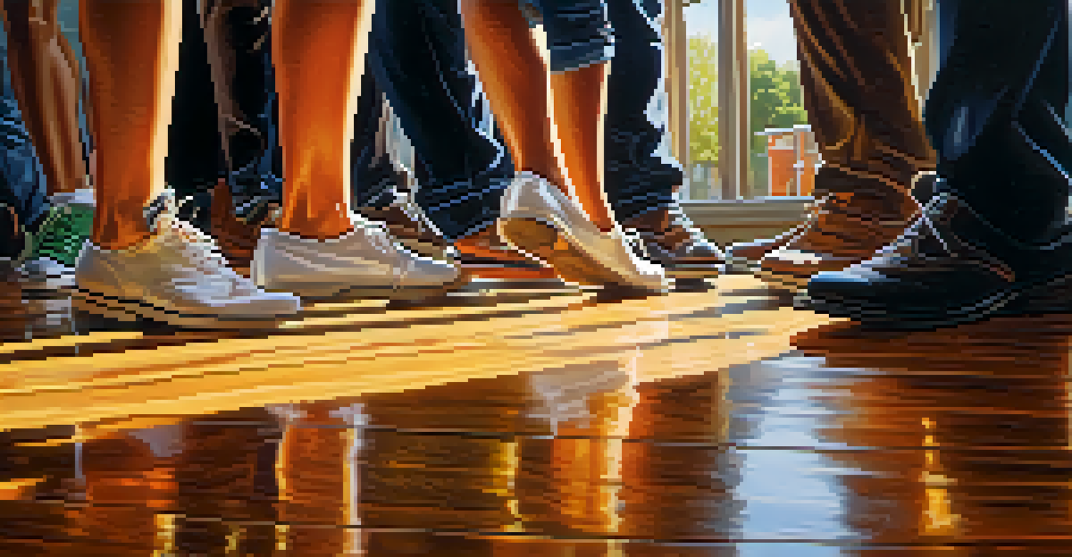 A close-up view of various feet dancing on a polished wooden floor, highlighting different styles of shoes in a warm-lit environment.