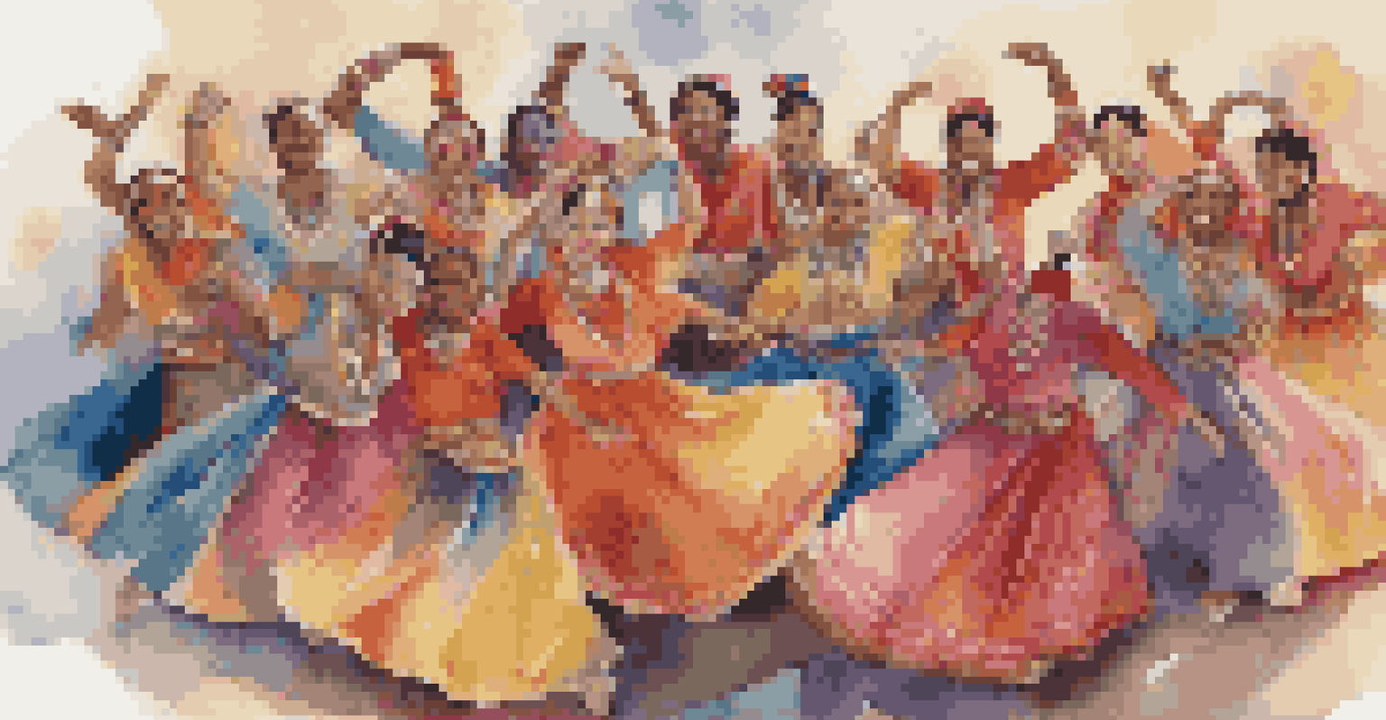 A diverse group of dancers in traditional costumes, showcasing various expressions and movements in a colorful setting.