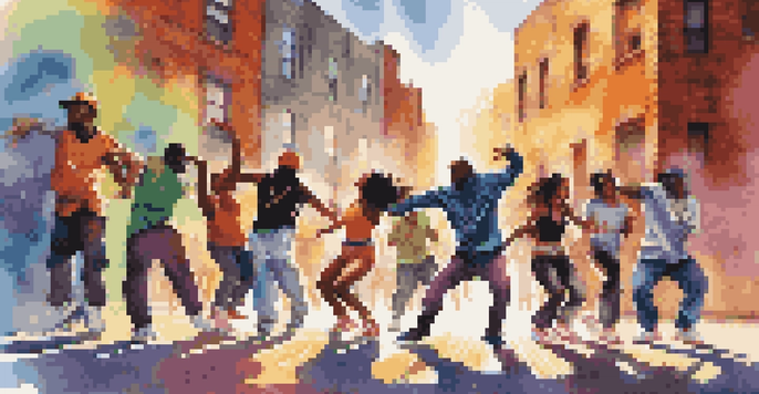 A lively street dance scene with diverse dancers in an urban setting, surrounded by vibrant graffiti.