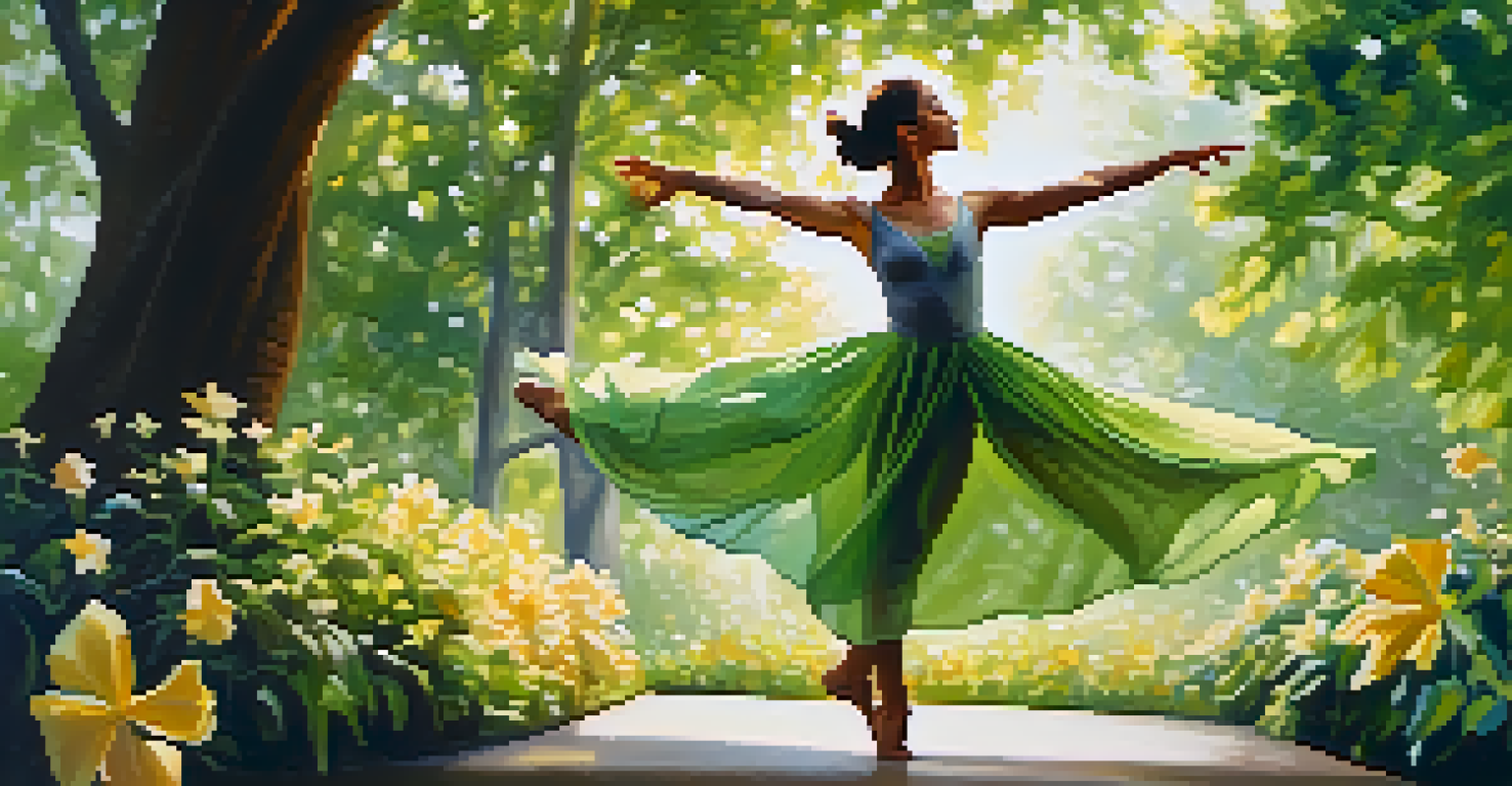 A dancer performing contemporary dance in a green park, surrounded by trees and flowers, with soft sunlight filtering through.