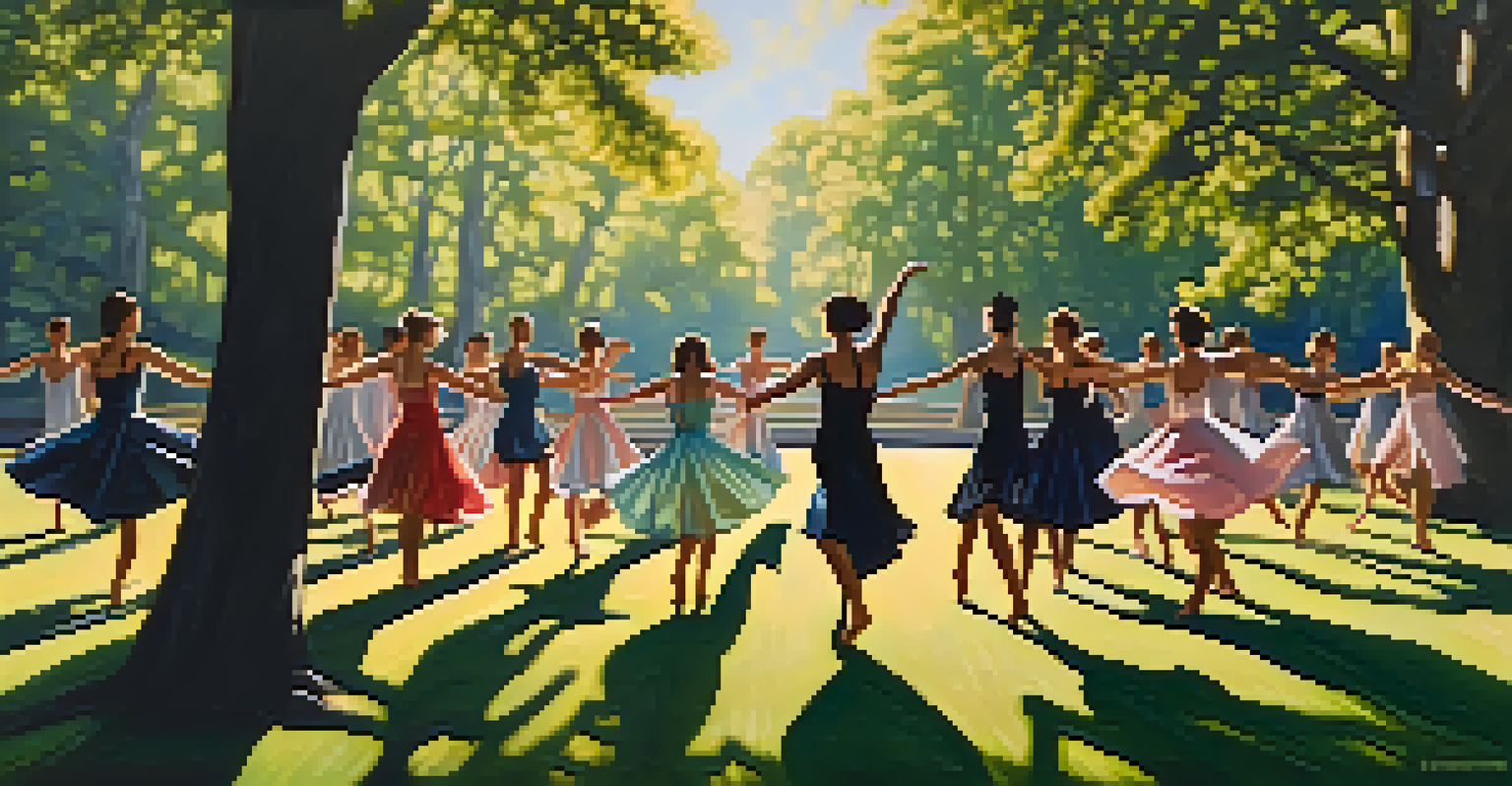 Dancers performing contemporary dance in a park, surrounded by trees and sunlight filtering through the leaves.