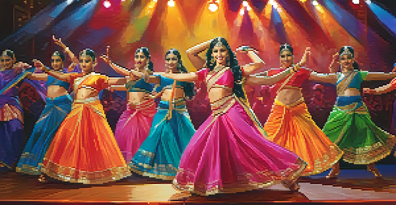 Dancers in colorful costumes performing a fusion of Bollywood and hip-hop on stage, with an excited audience in the foreground.