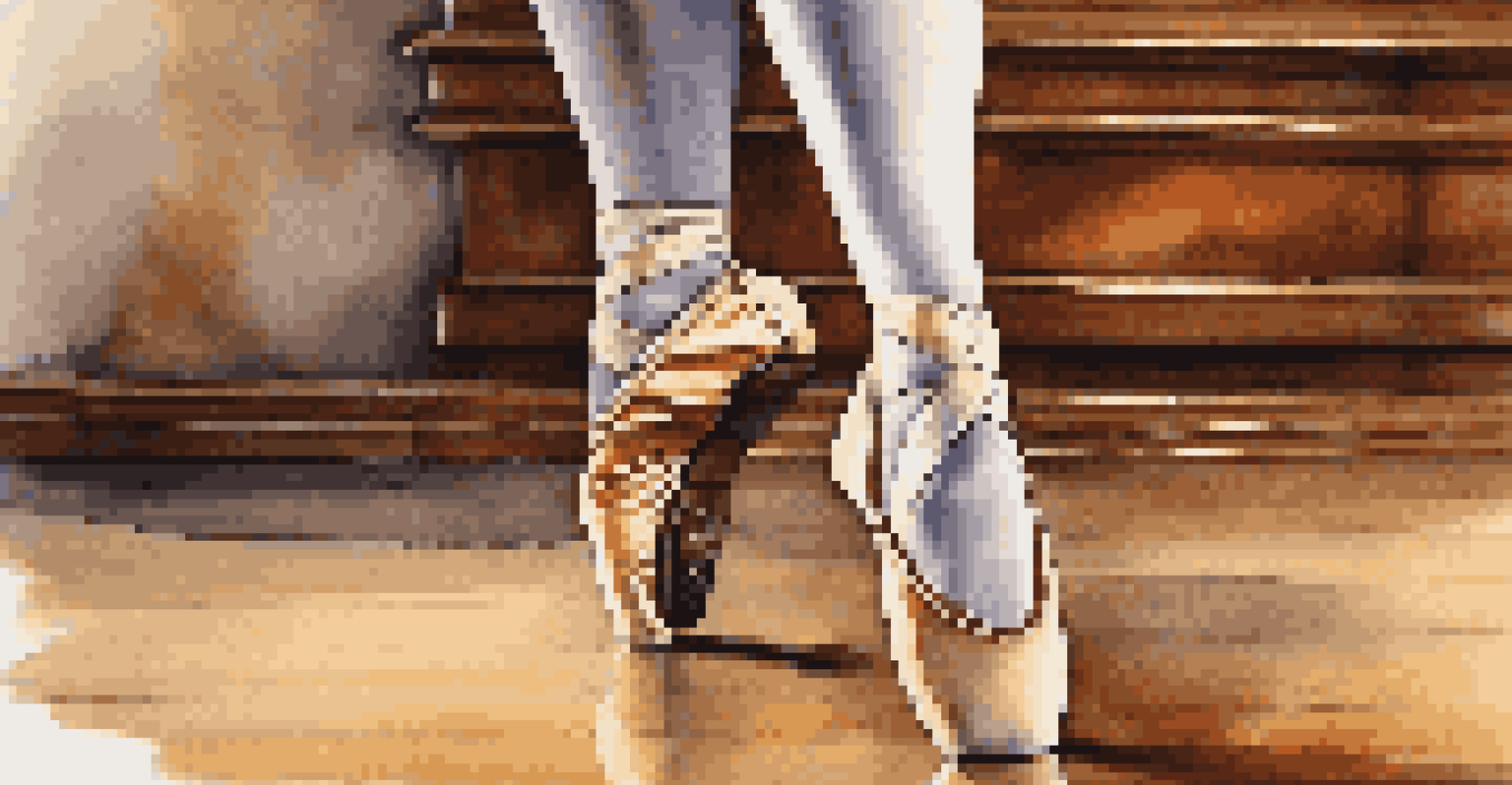 A close-up of a dancer's foot in traditional shoes on a textured wooden stage, with warm lighting highlighting the intricate details, symbolizing focus and dedication.