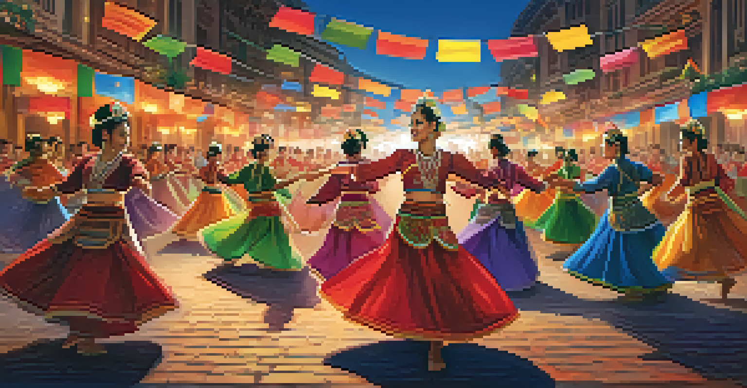 Dancers in traditional costumes performing at a cultural festival, with an engaged audience and festive decorations in the background.