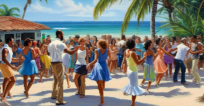 Tourists engaged in a salsa dance workshop on a beach in Cuba, with palm trees and a joyful atmosphere.