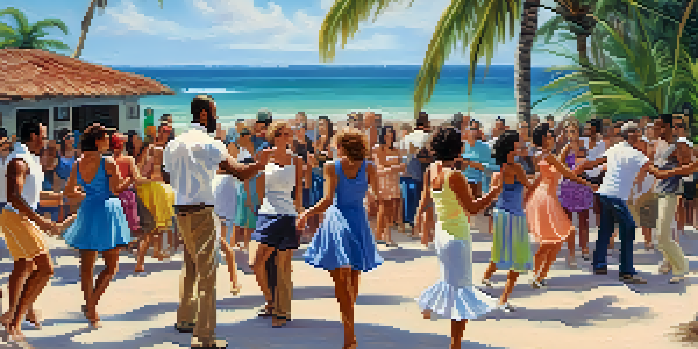 Tourists engaged in a salsa dance workshop on a beach in Cuba, with palm trees and a joyful atmosphere.