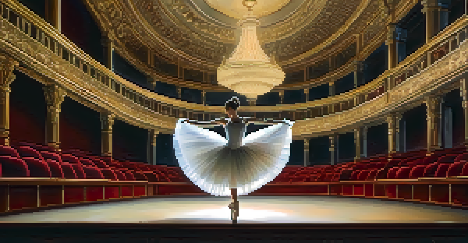 A solo ballet dancer in a white tutu performing on stage in a grand theater with red velvet seats.