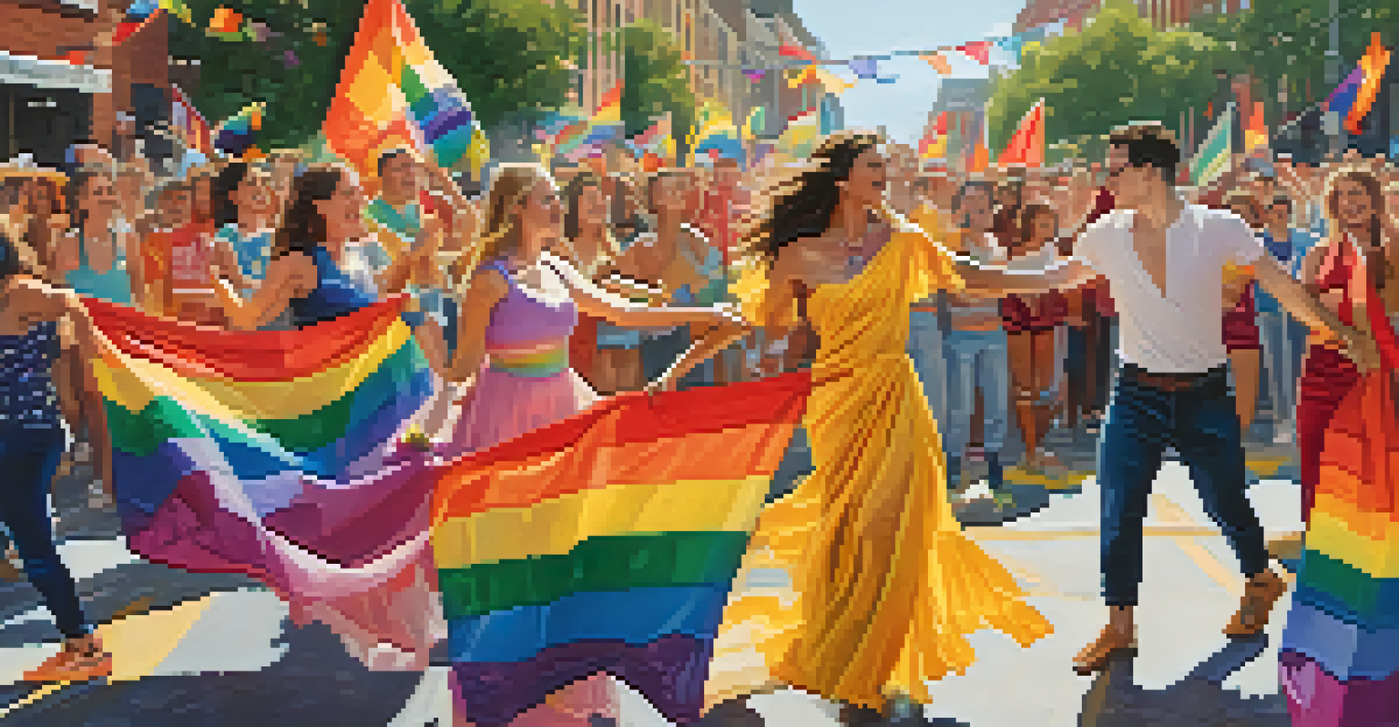 A festive pride parade with dancers in vibrant costumes celebrating LGBTQ+ identity, surrounded by rainbow flags.
