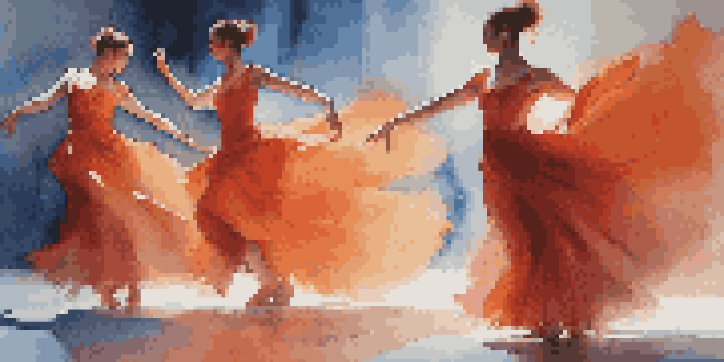A colorful dance performance with dancers in red and orange costumes, illuminated by blue lighting, capturing passion and calmness.