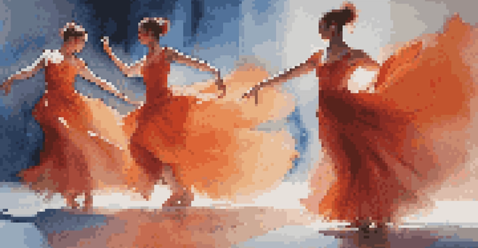 A colorful dance performance with dancers in red and orange costumes, illuminated by blue lighting, capturing passion and calmness.