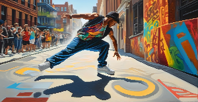 A breakdancer in mid-move on a city street, surrounded by colorful graffiti and an engaged audience.