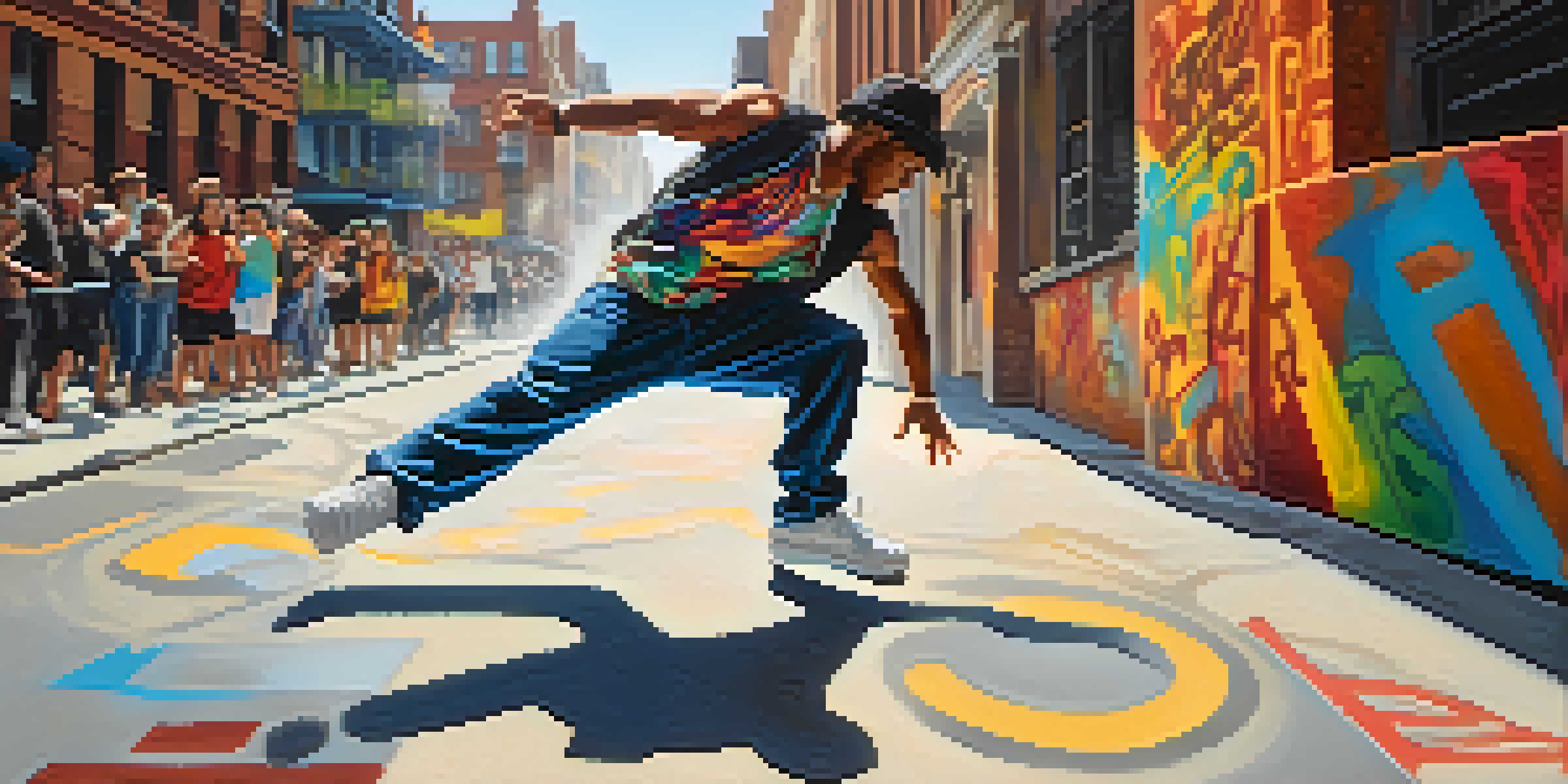 A breakdancer in mid-move on a city street, surrounded by colorful graffiti and an engaged audience.