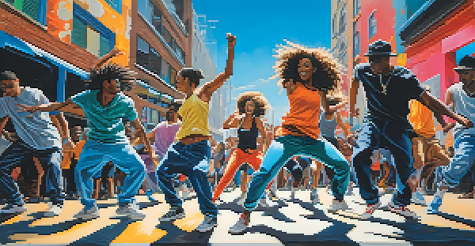 A lively urban dance battle scene with diverse dancers performing hip-hop and contemporary styles under a blue sky.