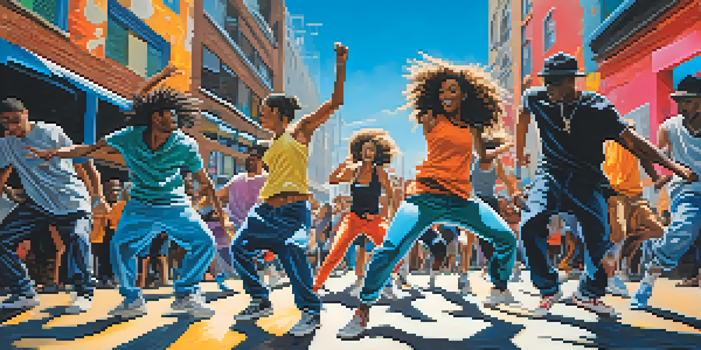 A lively urban dance battle scene with diverse dancers performing hip-hop and contemporary styles under a blue sky.