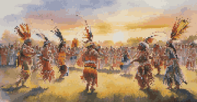 A group of Native American dancers in traditional regalia performing at a powwow, with colorful outfits and feathers, in a grassy field during sunset.