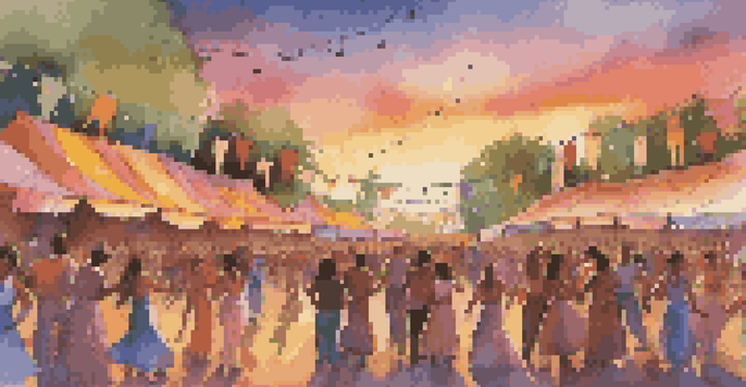 A lively outdoor dance festival at sunset with performers dancing on stage and a diverse crowd enjoying the event.