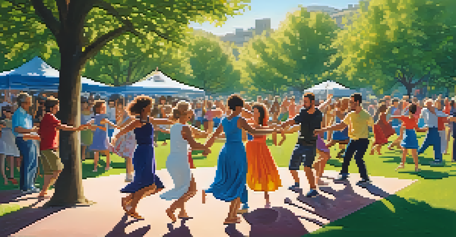 A joyful outdoor dance gathering in a park with people of various ages dancing together in a festive atmosphere.