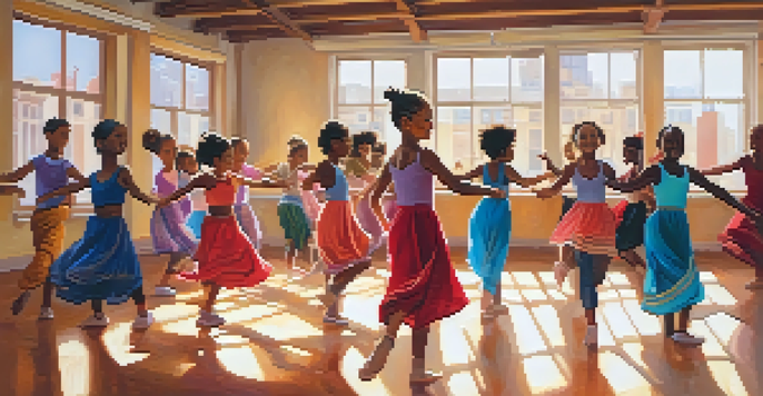 A diverse group of people dancing joyfully in a bright studio, showcasing various ages and ethnic backgrounds.