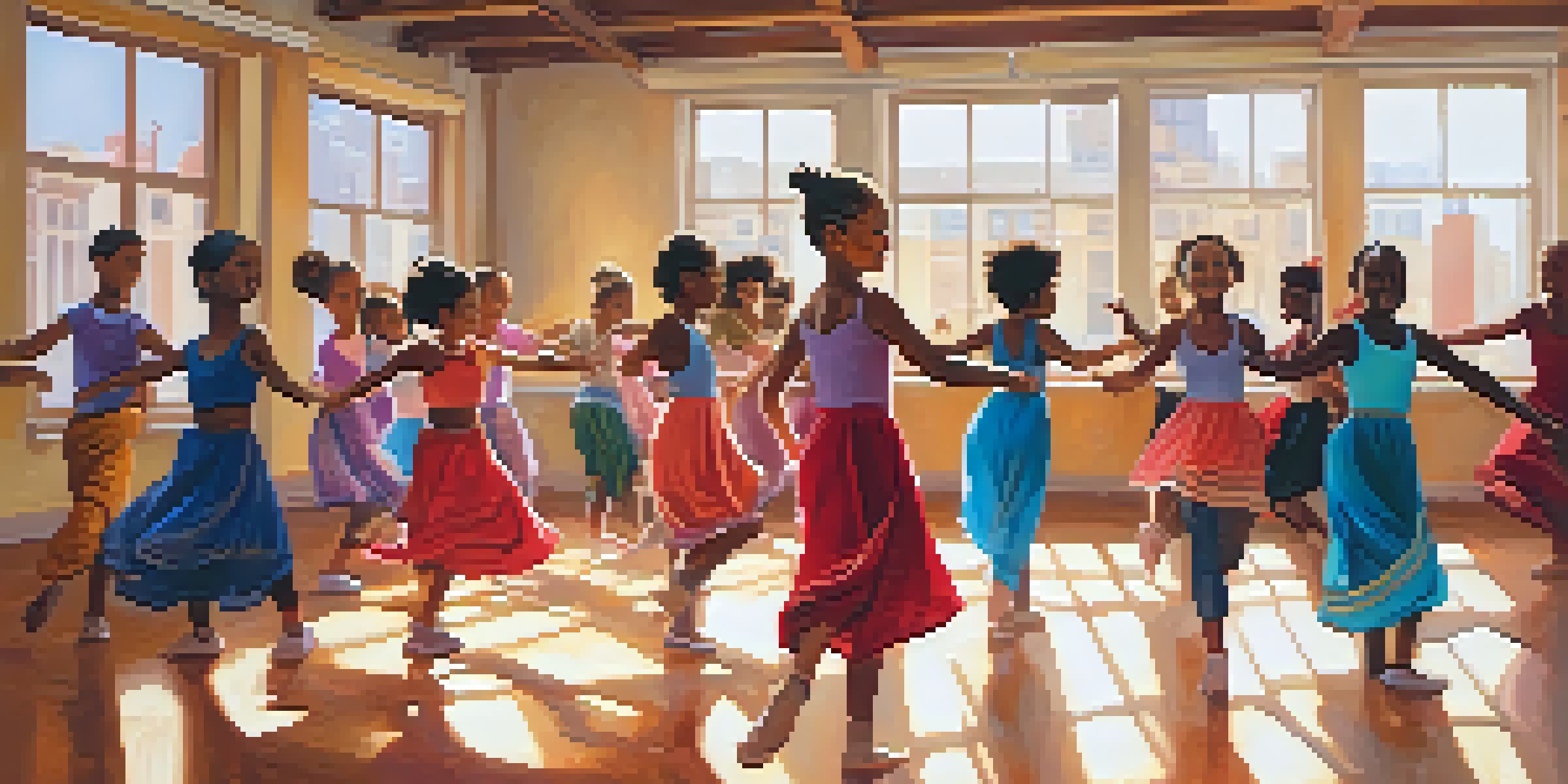 A diverse group of people dancing joyfully in a bright studio, showcasing various ages and ethnic backgrounds.