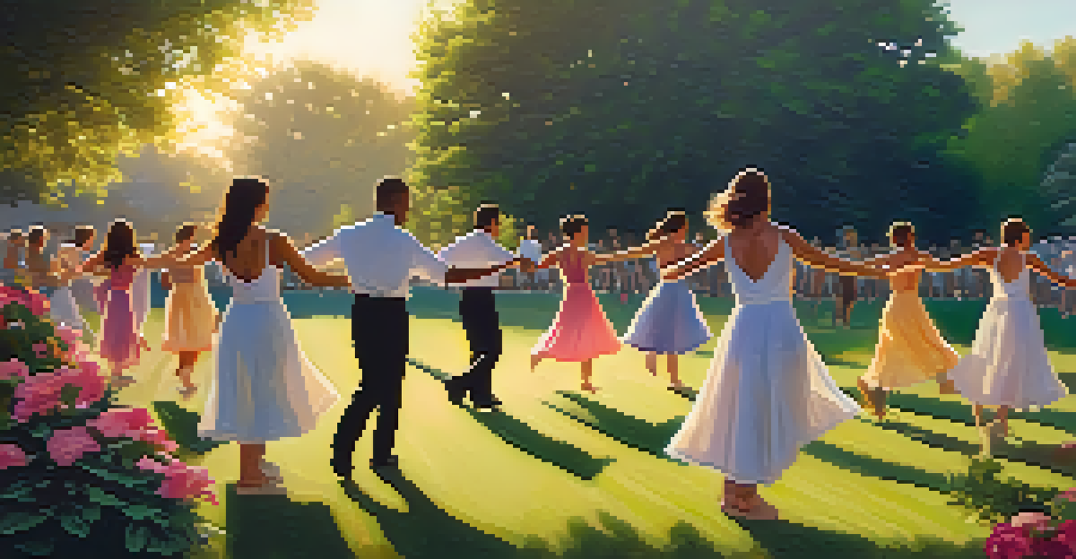 A group of dancers participating in an outdoor dance class in a park during sunset, surrounded by nature.