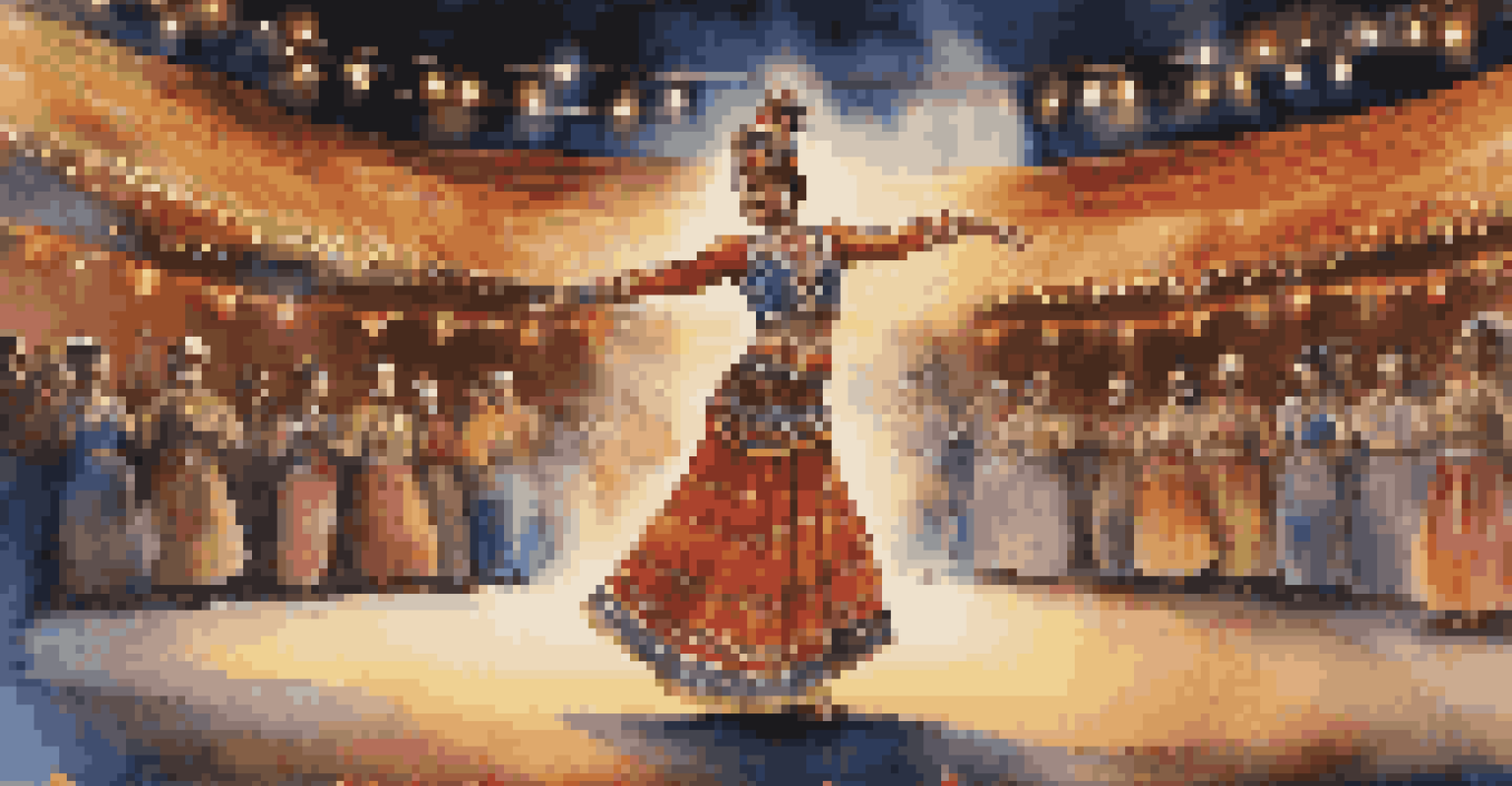A captivating traditional dance performance on a festival stage, with a dancer in an intricate costume, surrounded by colorful stage lights and an engaged audience.