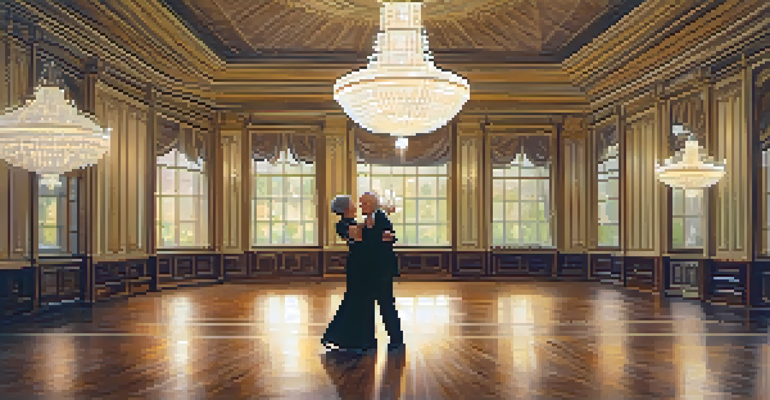 A couple of older adults practicing a gentle dance in an elegant ballroom setting.