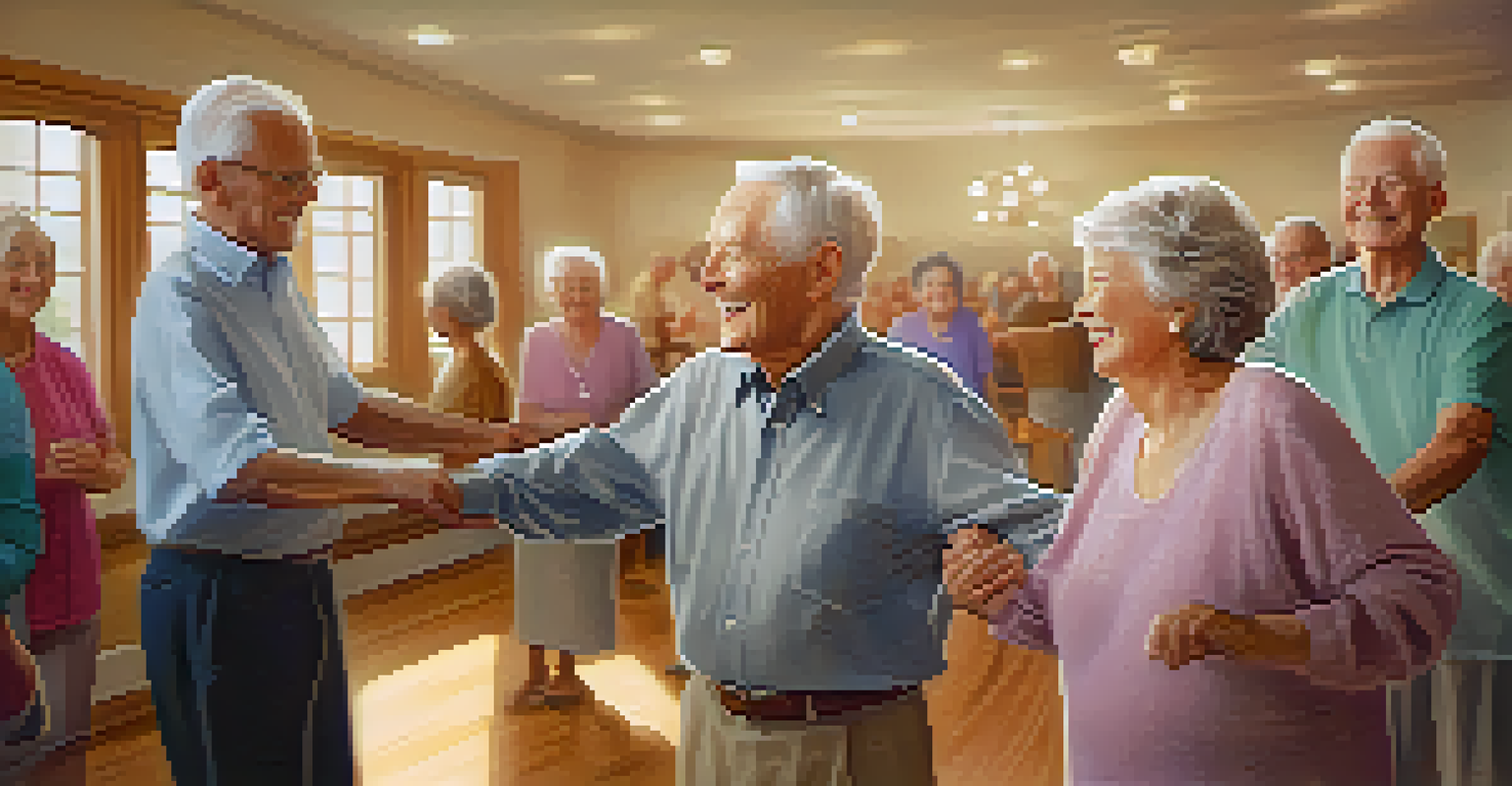 An elderly couple dancing together in a cozy community center during a gentle dance therapy session, surrounded by other seniors.