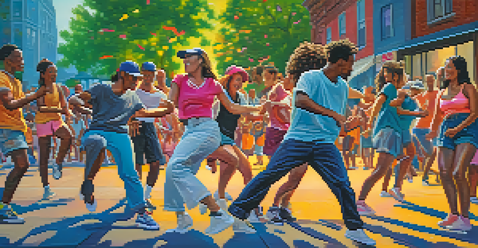 A street dance battle in a city park with two dancers performing energetically in front of an enthusiastic crowd.