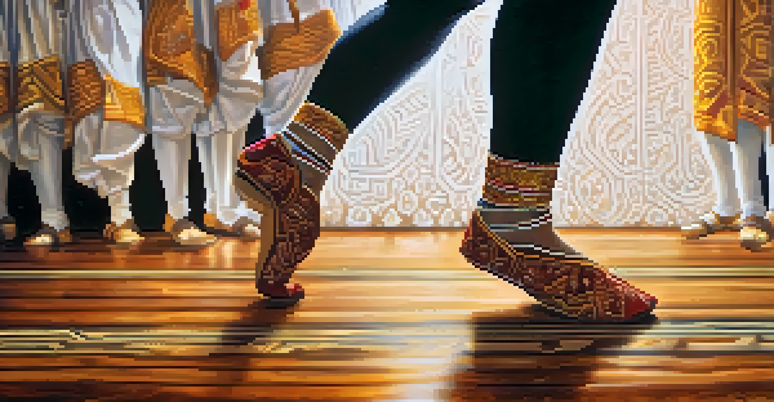 A close-up of a dancer's feet in traditional footwear performing a dance move on a decorated wooden stage, with focused lighting highlighting the dancer's movement.