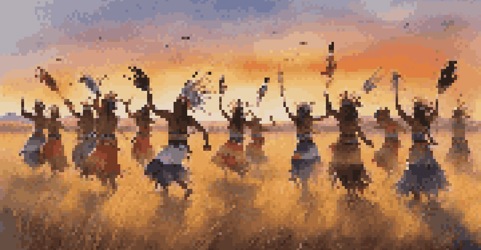 Native American dancers in traditional attire performing a tribal dance in an open field during sunset.