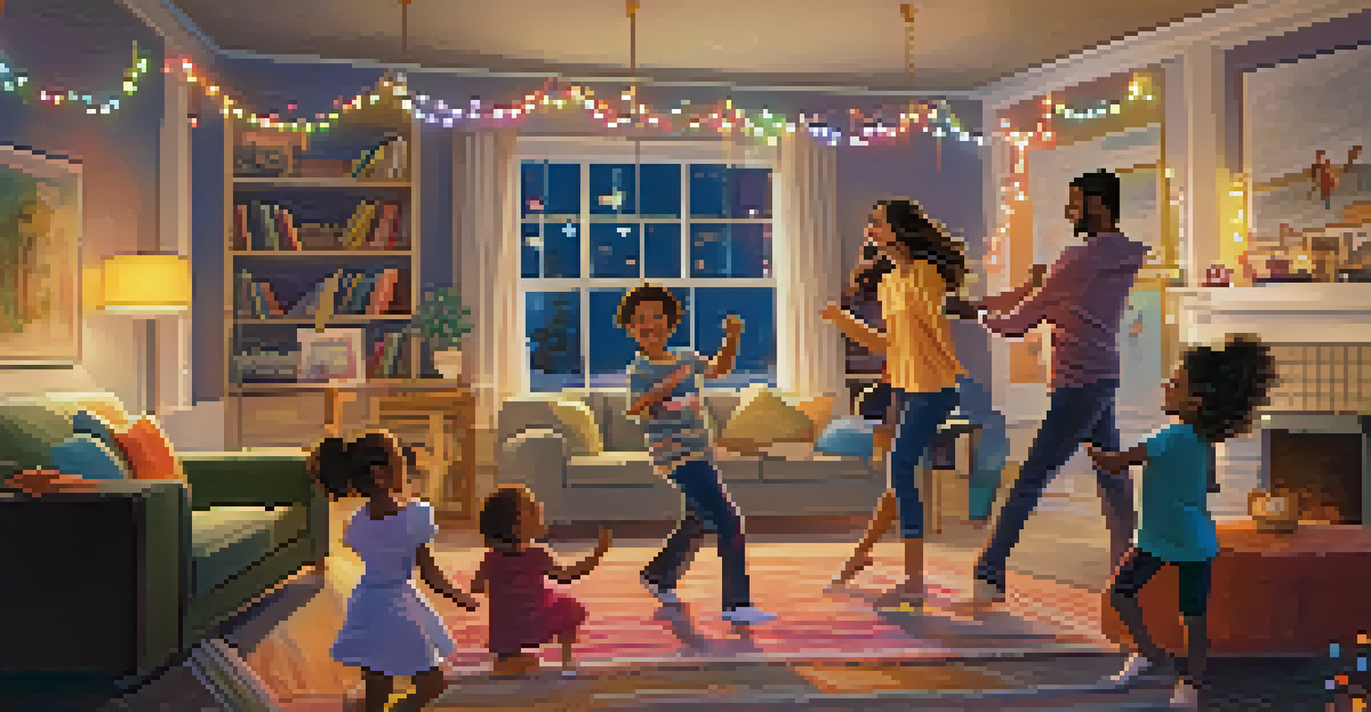 A family enjoying a lively dance party in their living room, filled with colorful lights and joyful expressions.