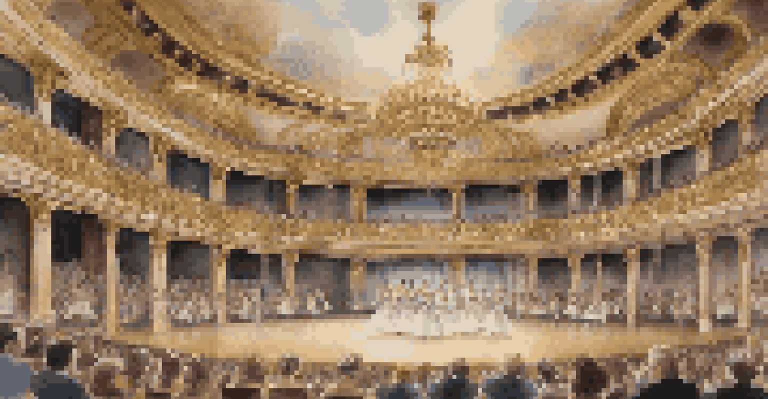 Women in traditional ballet attire performing in a grand, opulent theater, illustrating the evolution of dance from classical to modern styles.
