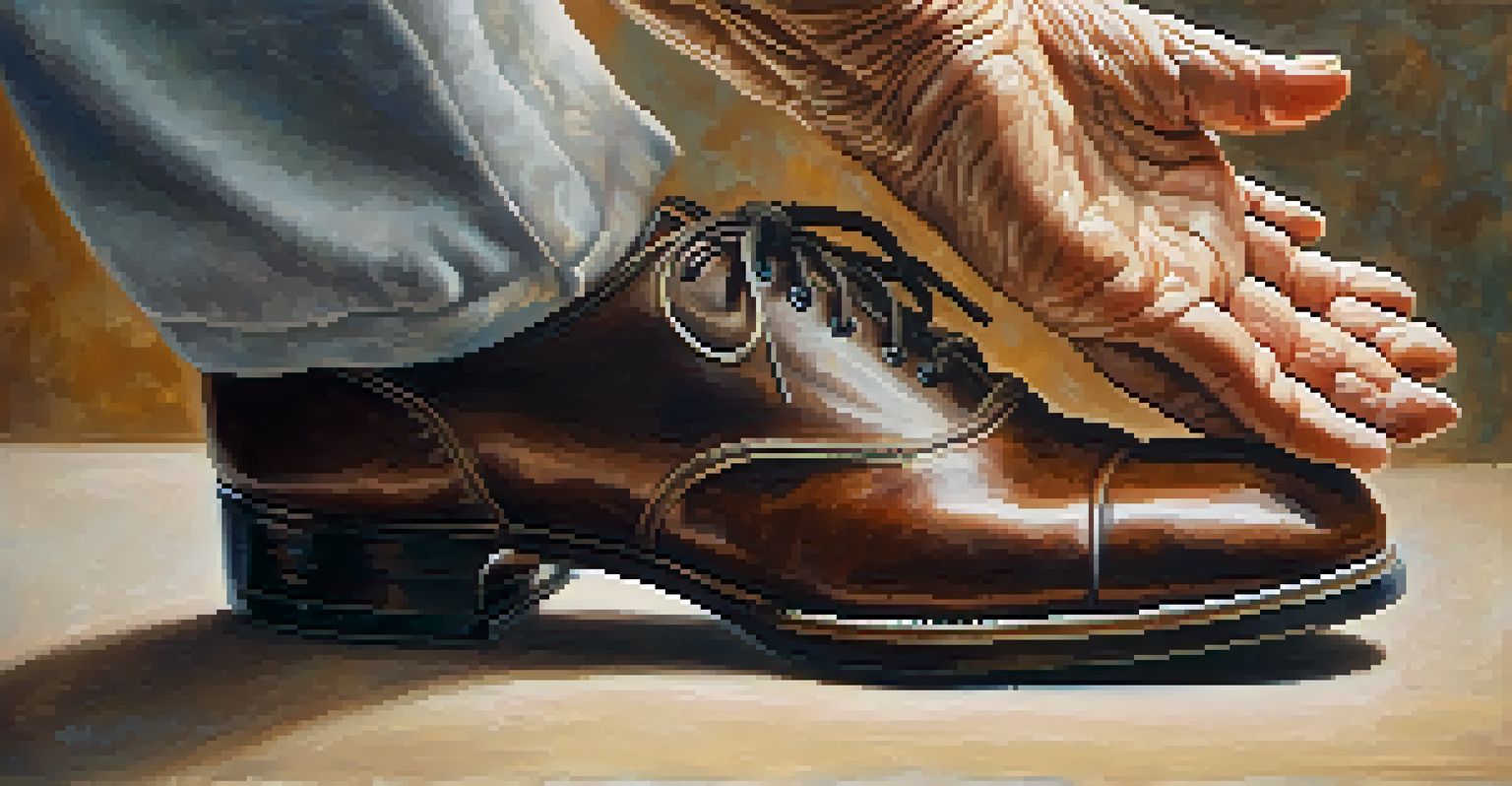 Close-up of older hands holding vintage dancing shoes, with a softly blurred background capturing the texture and warmth.