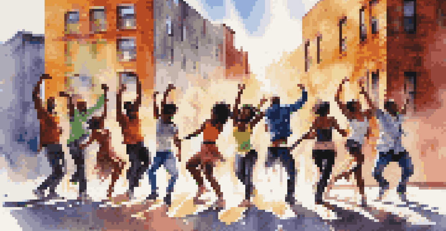 A diverse group of dancers performing energetic street dance moves in an urban setting with colorful graffiti and bright sunlight.