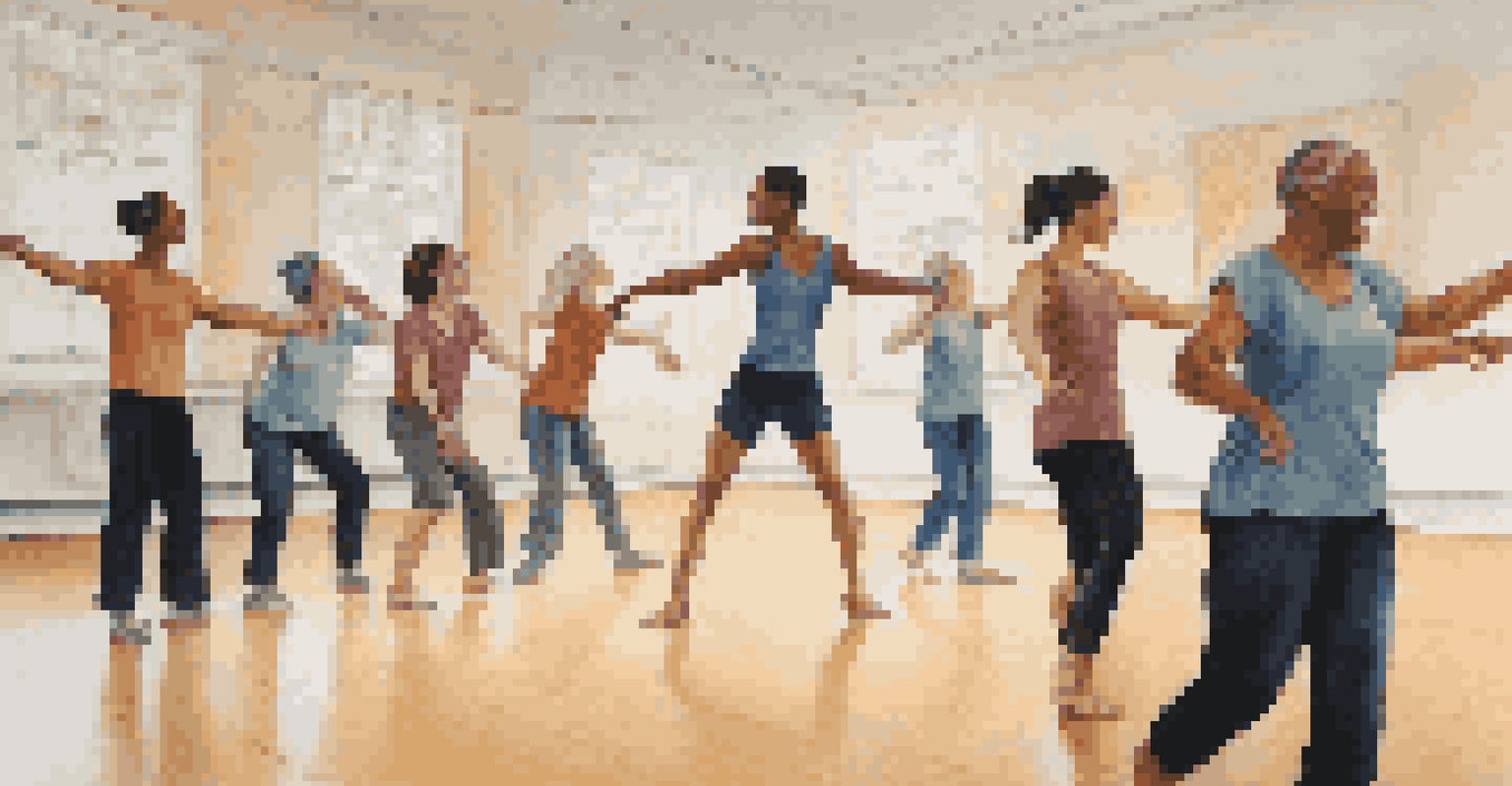 A dance instructor guiding participants during a rehabilitation session with a supportive atmosphere.