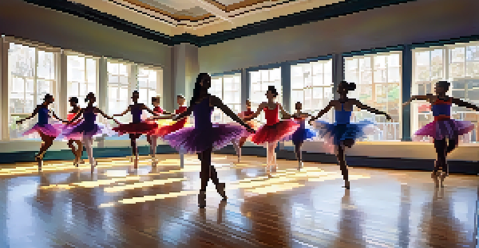 A bright and lively dance studio with diverse dancers in colorful attire, showcasing joy and creativity.