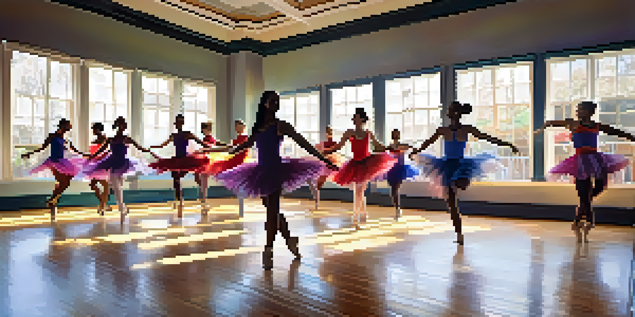 A bright and lively dance studio with diverse dancers in colorful attire, showcasing joy and creativity.