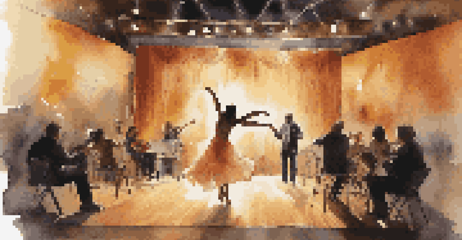 A dancer performing with live musicians on stage in a cozy theater, with artistic lighting and an engaged audience.